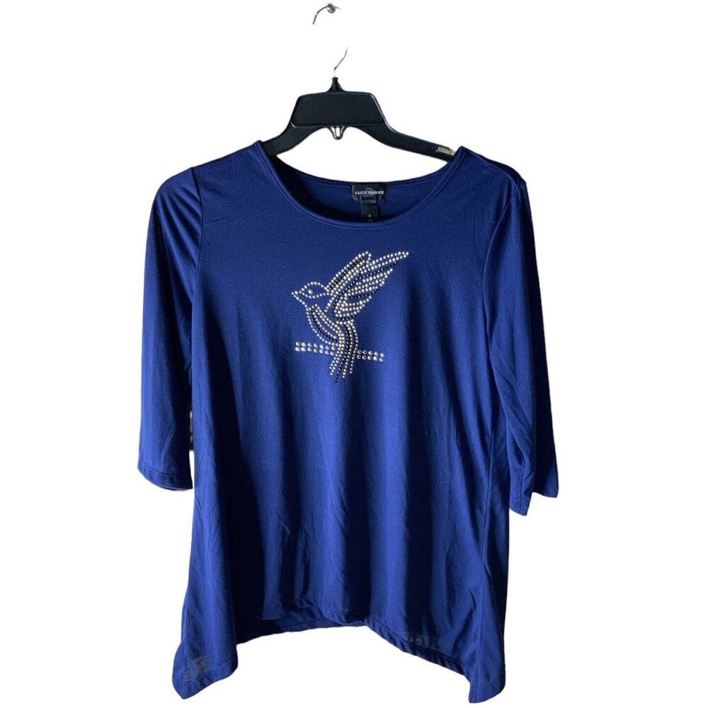 Karen Brooks Beaded Bird Tee Women Medium Graphic Loose Fit Short Sleeve